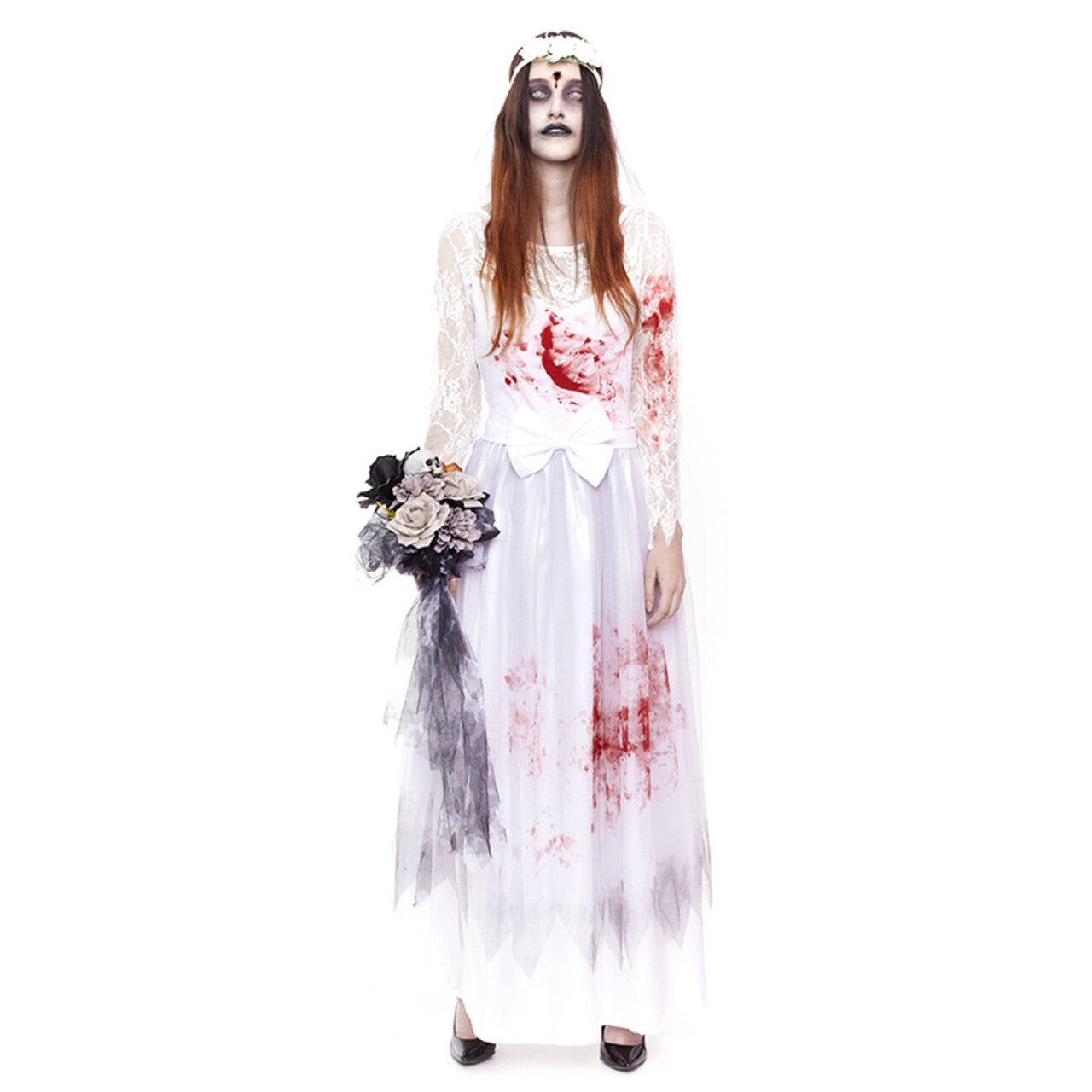 Costume De Mariée Zombie Halloween Pour Femme - Robe Longue Grise Avec Accessoires (voile, Collier, Rose, Tatouages)