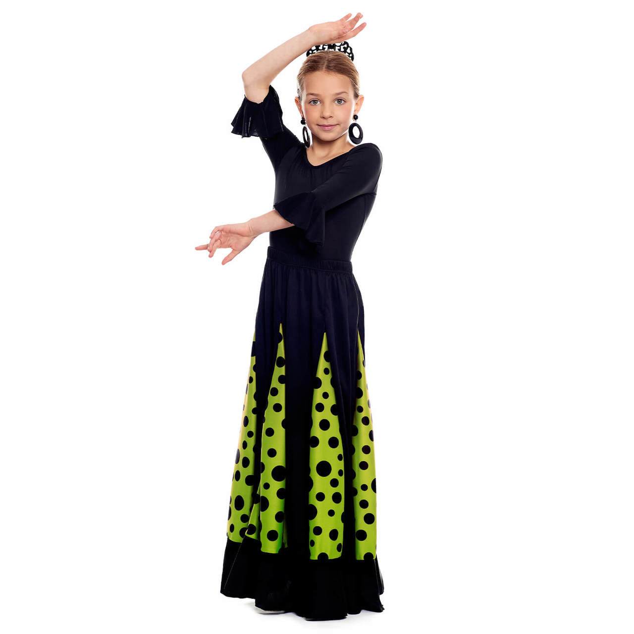 Jupe de flamenco noire et verte à quilles pour enfants