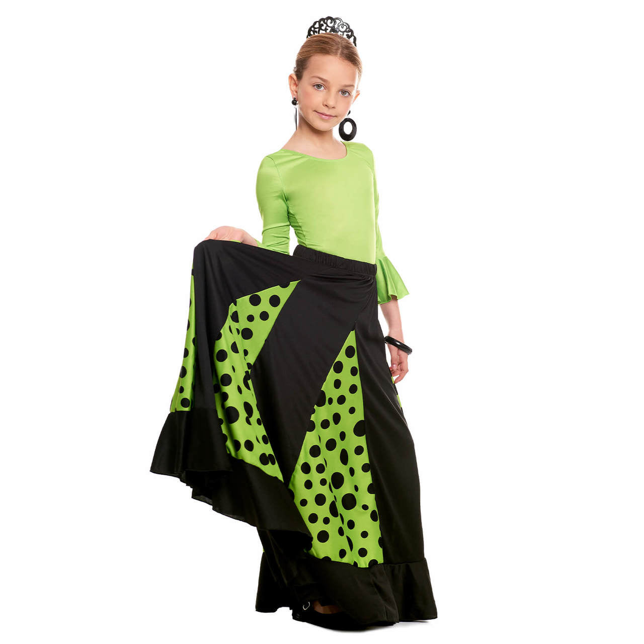 Jupe de flamenco noire et verte à quilles pour enfants