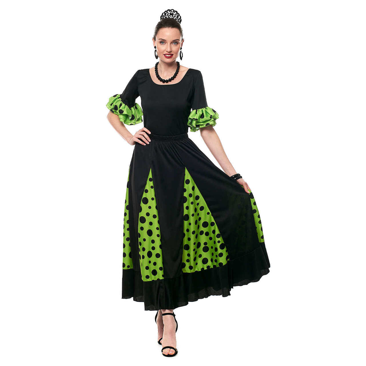 Jupe de flamenco noire et verte à quilles