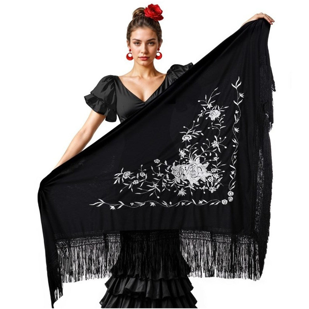 Châle Noir Brodé Blanc
