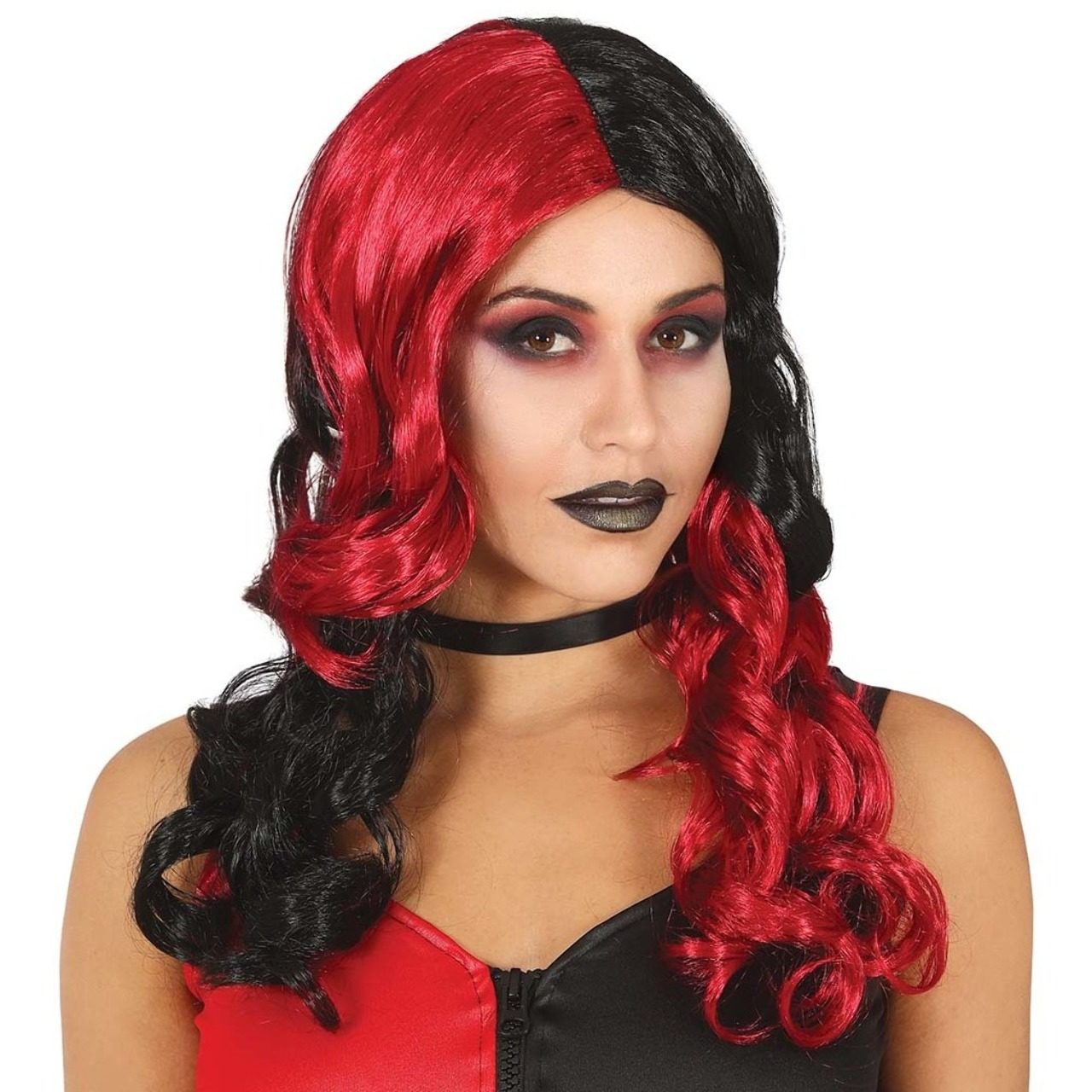 Perruque Ondulée Noire et Rouge