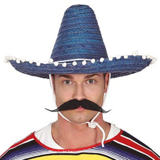 Chapeau Mexicain Bleu avec Pompons
