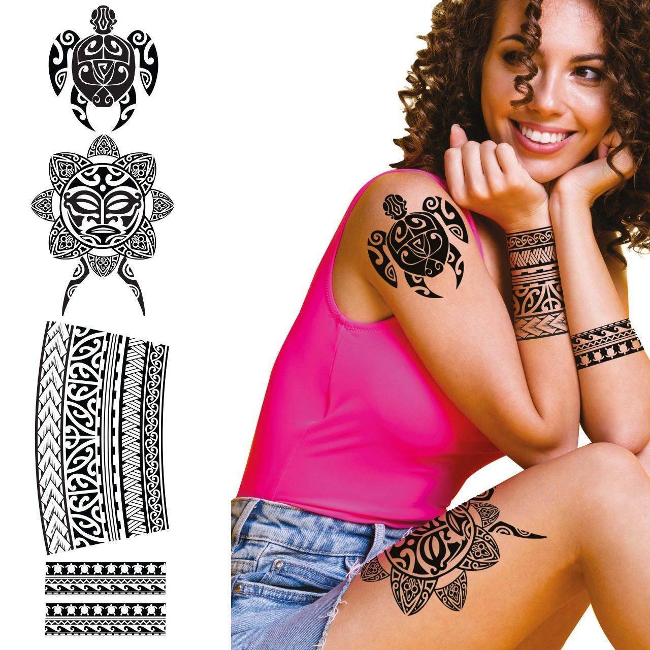 Tatouages Noirs de Tortue et Fleurs