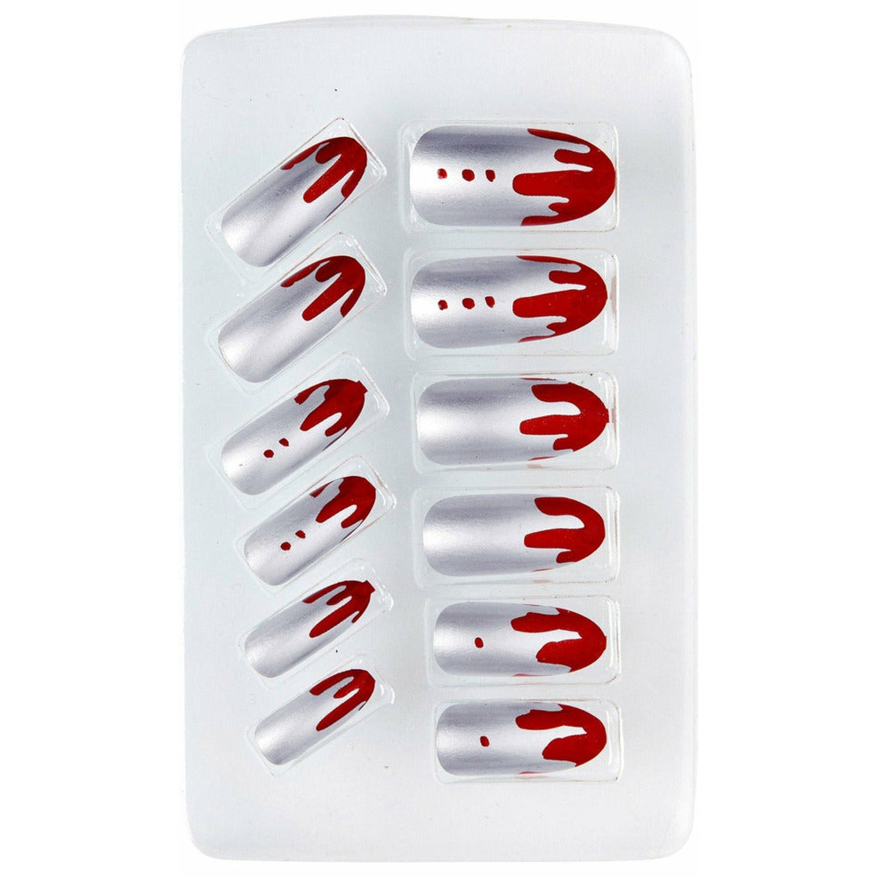Kit 12 Uñas Plata Ensangrentada | Don Disfraz