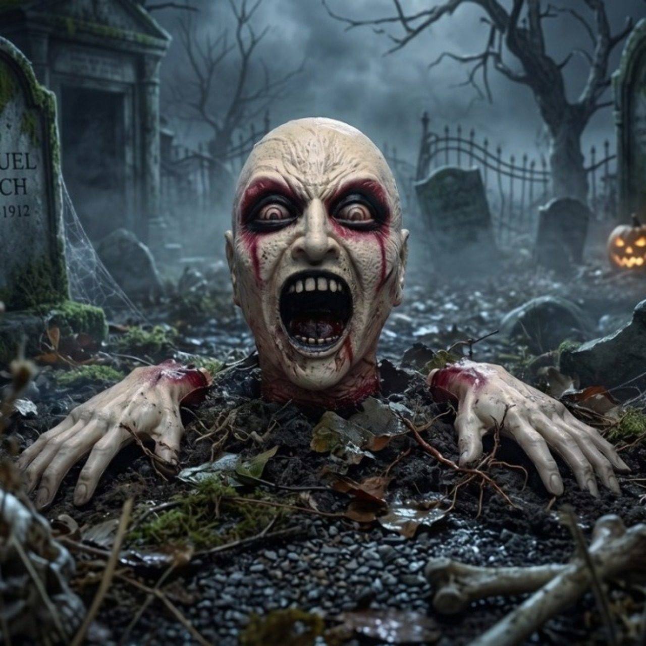 Tête et mains de zombie