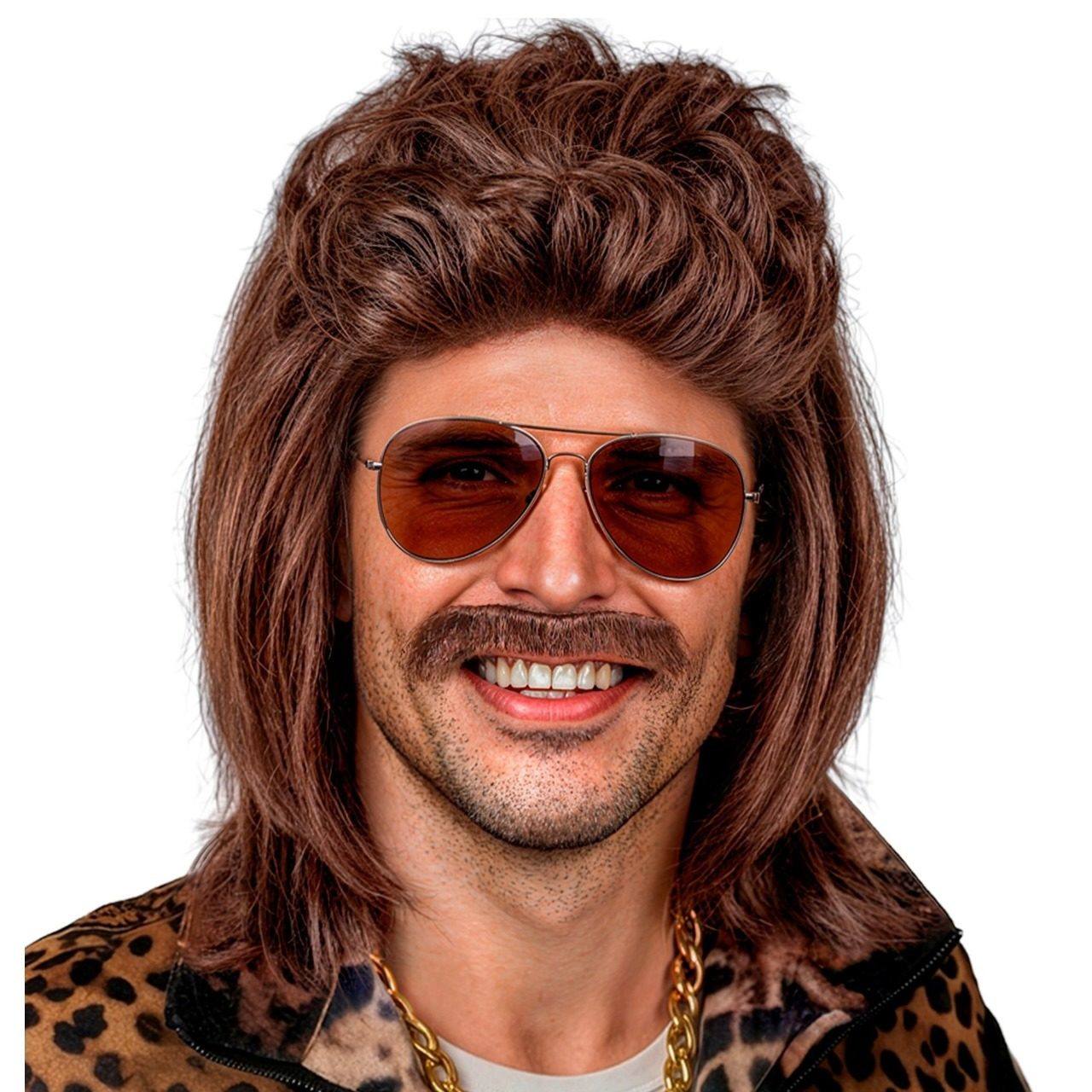 Perruque Marron Mullet avec Moustache