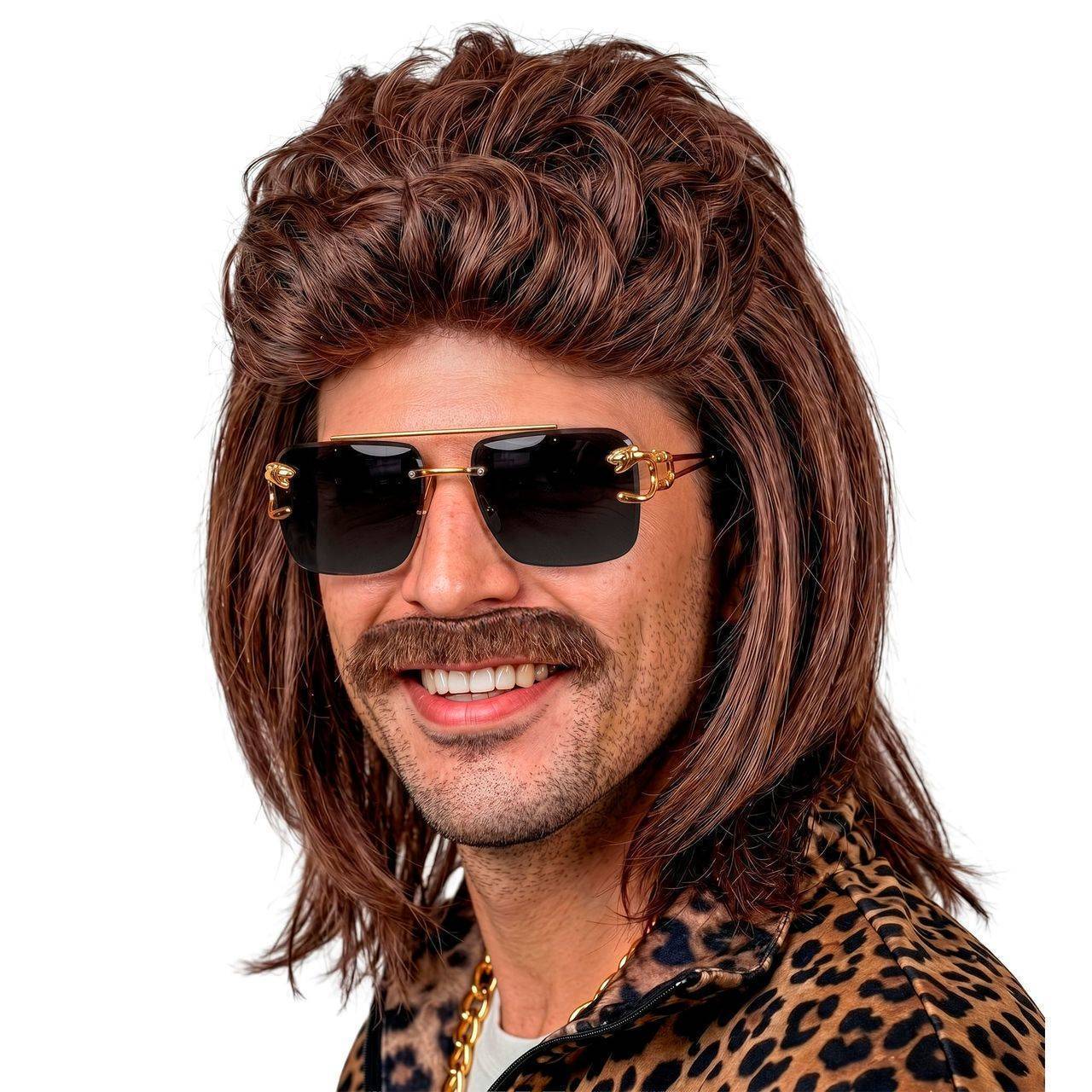 Perruque Marron Mullet avec Moustache