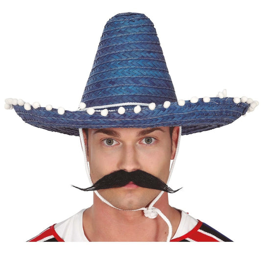 Chapeau Mexicain Bleu avec Pompons