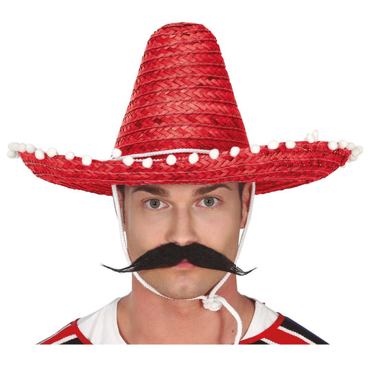 Chapeau Mexicain Rouge avec Pompons