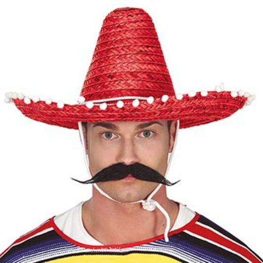 Chapeau Mexicain Rouge avec Pompons