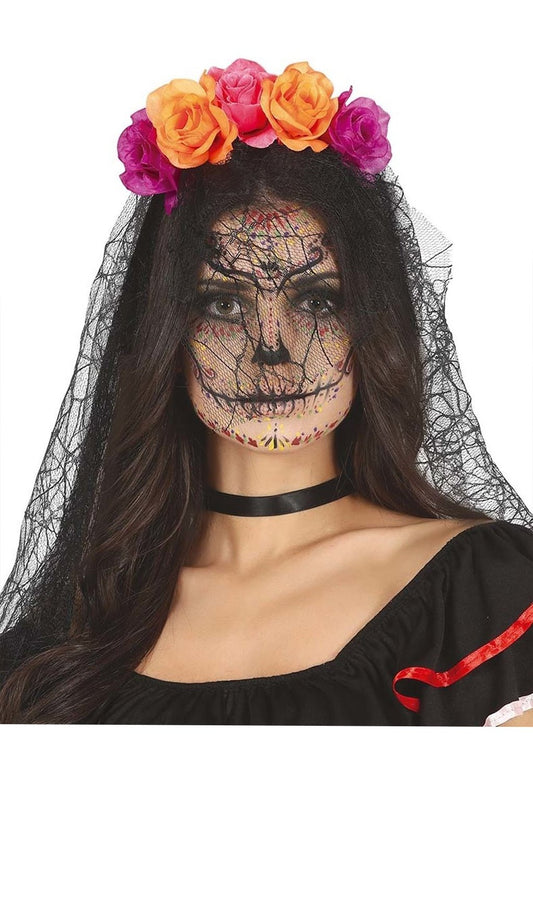 Serre-tête de Fleurs de Catrina avec Voile