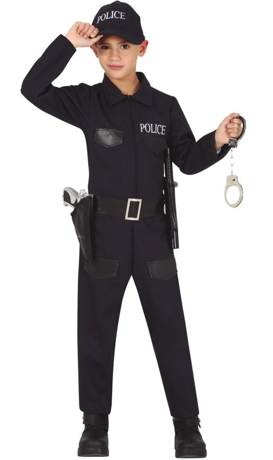 Déguisement policier garçon bleu et noir (chemise, pantalon, ceinture,  cravate, casquette) chez DeguizFetes.
